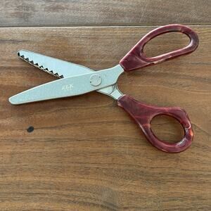 Vintage ELK Red Marbled Bakelite Handle Pinking Shears Scissors USA